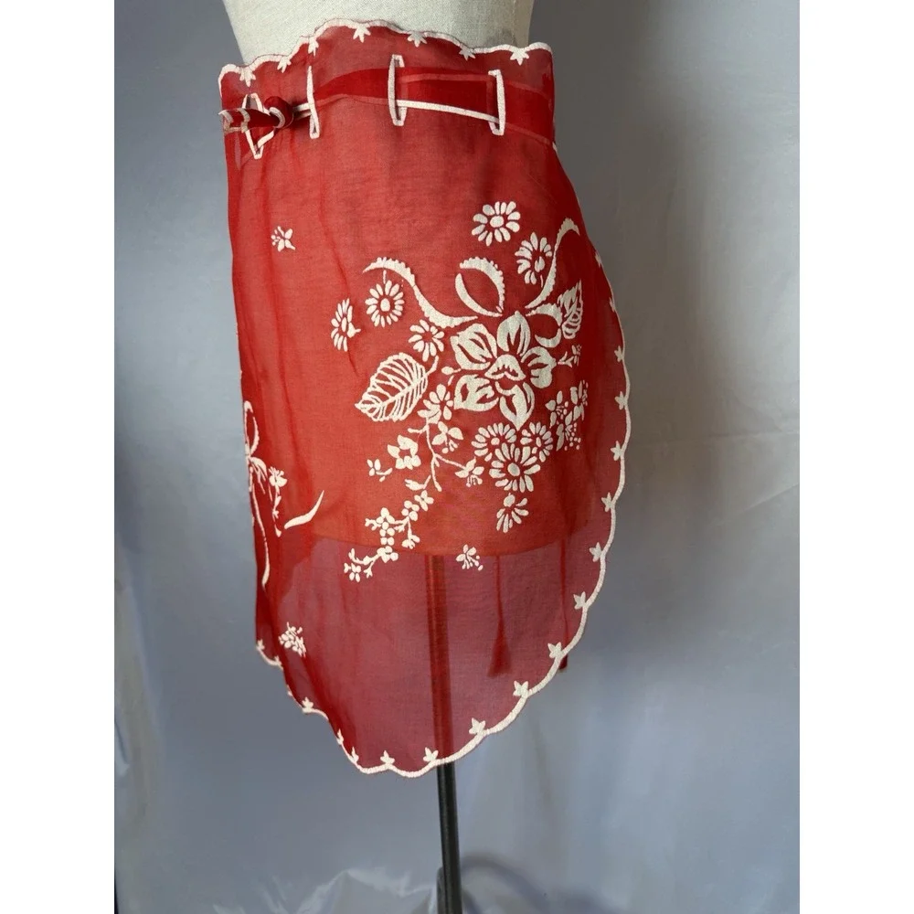 Vintage Sheer Christmas Floral Red White Embossed Half‎ Apron Hostess Retro